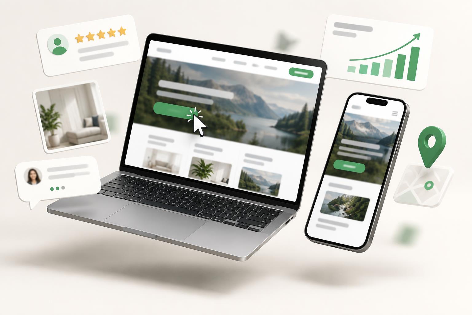Siti web moderni su computer e telefono, con recensioni e risultati che crescono